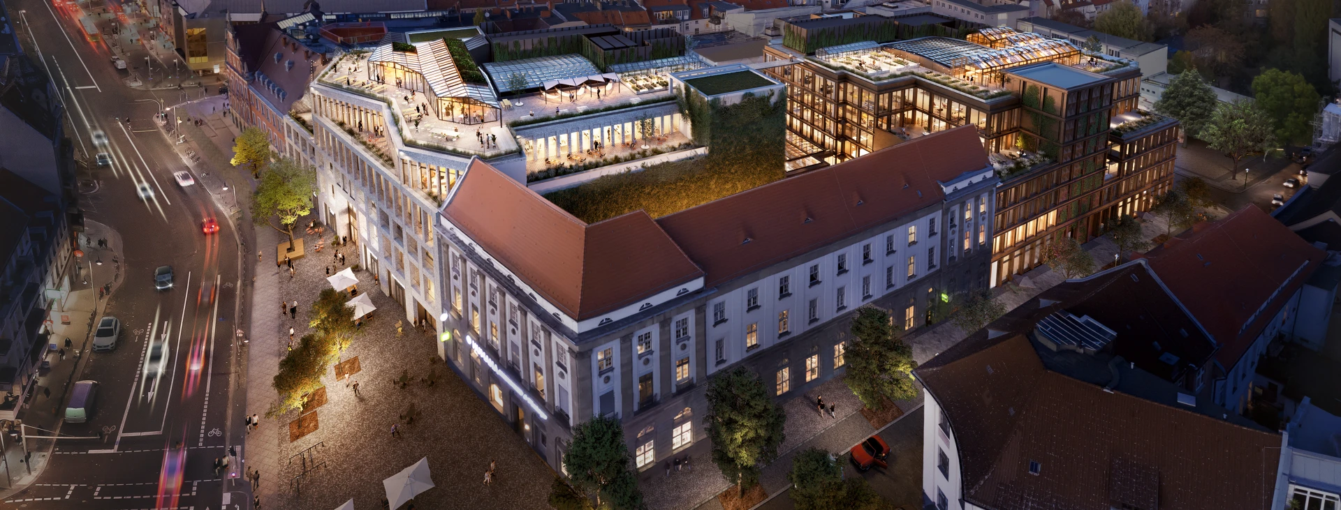 Visualisierung eines modernen Gebäudekomplexes in einer Stadt bei Nacht, mit beleuchteten Terrassen und einer Ankündigung der Eröffnung am 9. April 2025.