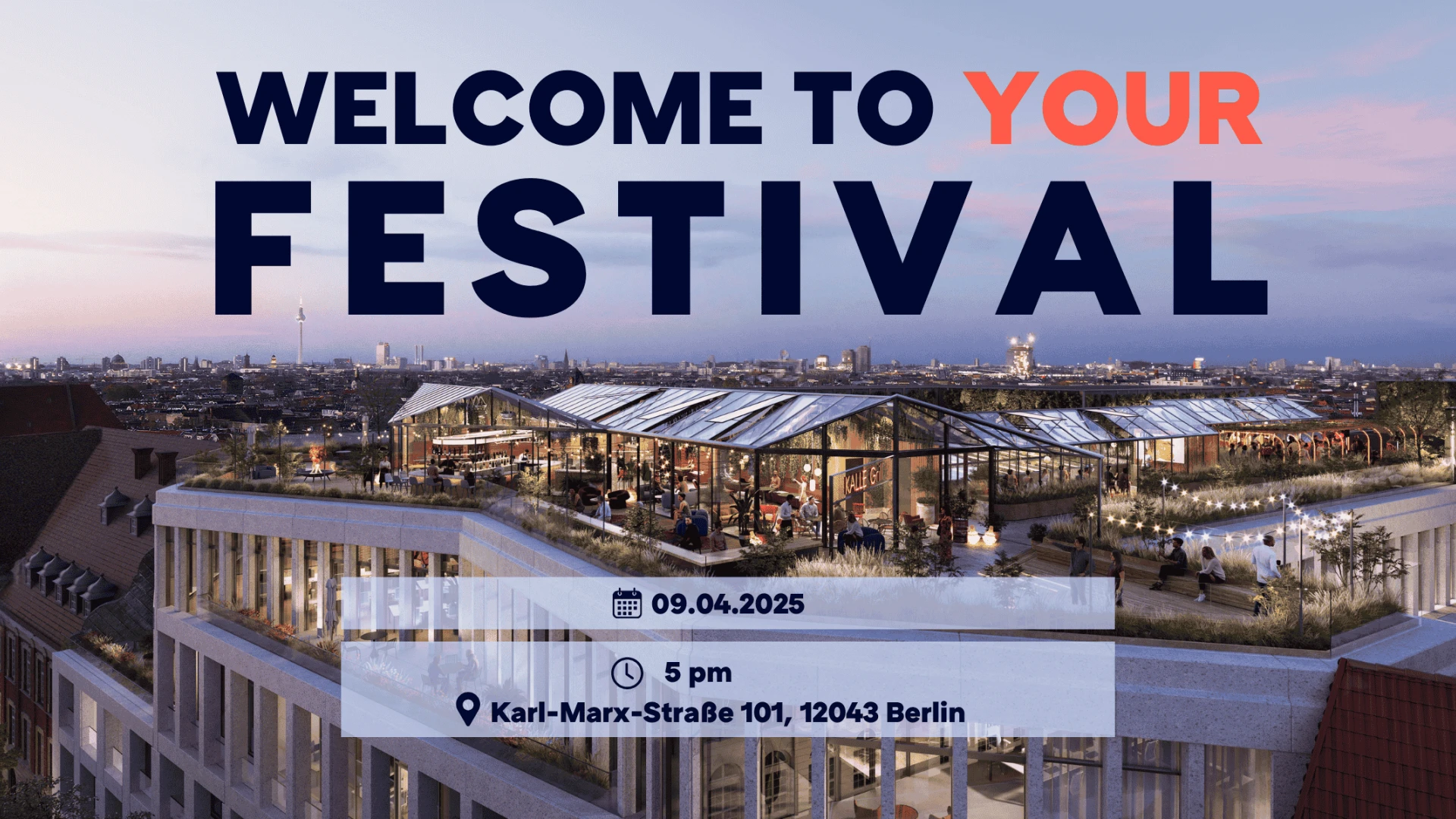 Visualisierung eines modernen Gebäudekomplexes in einer Stadt bei Nacht, mit beleuchteten Terrassen und einer Ankündigung der Eröffnung am 9. April 2025.