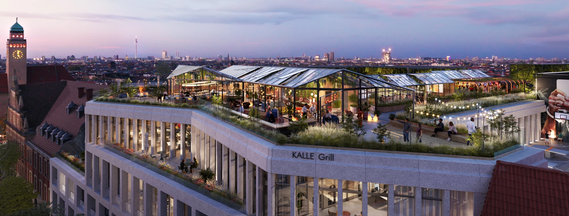 Stilvolles Rooftop-Restaurant 'KALLE Grill' mit verglasten Pavillons und urbanem Garten, beleuchtet in der Abenddämmerung. Gäste genießen die Atmosphäre mit Blick auf die Skyline der Stadt, während das moderne Design mit grünen Elementen harmoniert