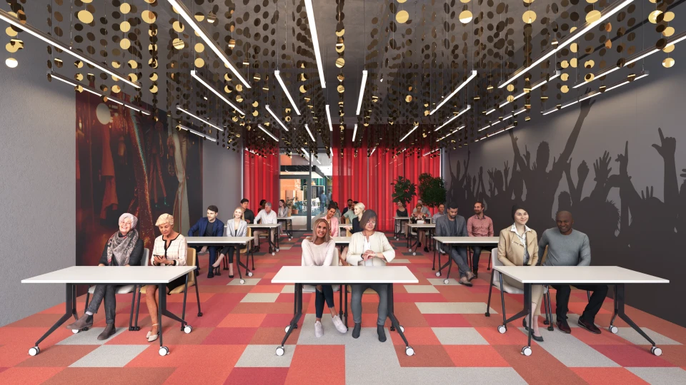 Stylischer Veranstaltungsraum mit moderner Lichtinstallation, lebendigem Teppichdesign und lebhafter Atmosphäre für Meetings und Events