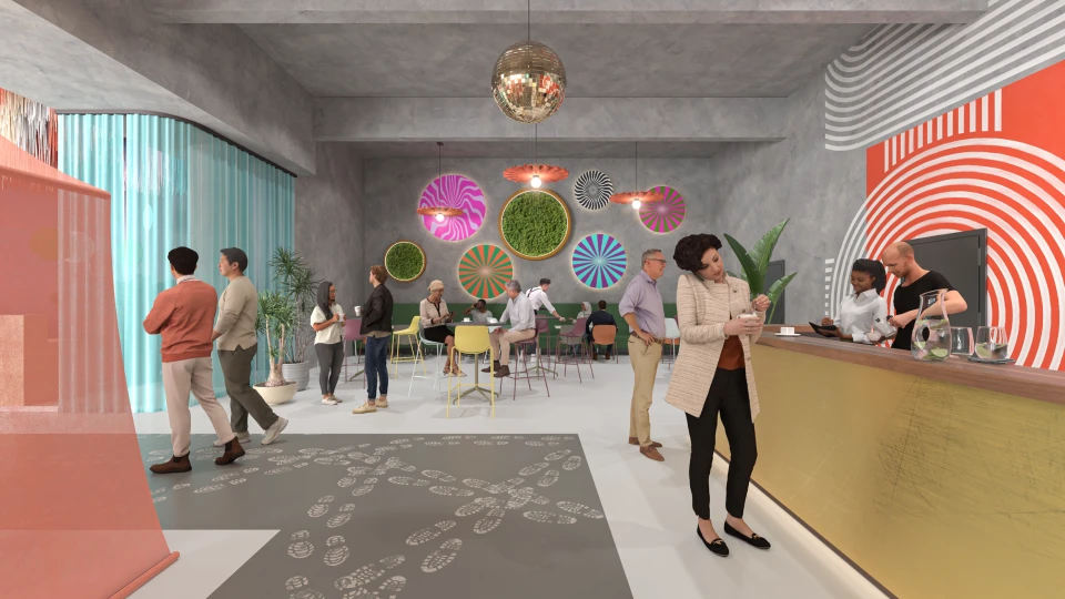 Moderne Bar mit farbenfrohen Wanddekorationen, geometrischen Mustern und stilvollen Sitzgelegenheiten für entspannte Gespräche