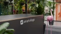 Empfangstheke mit smartvillage-Logo und pinkem Flamingo im tropischen Workspace-Design